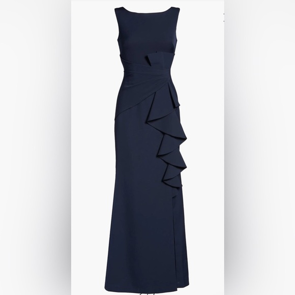 Eliza J Navy Ruffle Gown Sz 2 | Elegant Evening, Formal, Wedding Guest - Picture 1 of 10